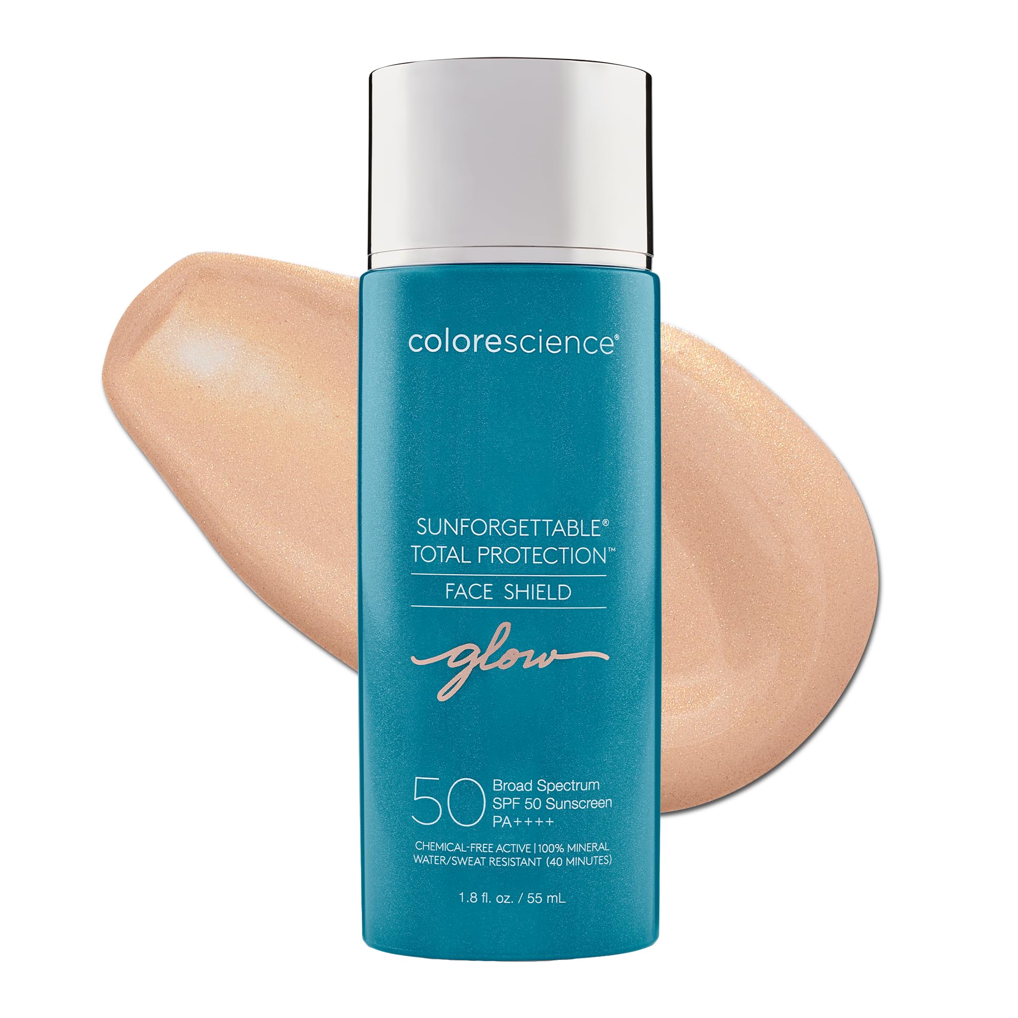 Colorescience Sunforgettable Glow bottle close-up showing pearlescent radiance for the skin.