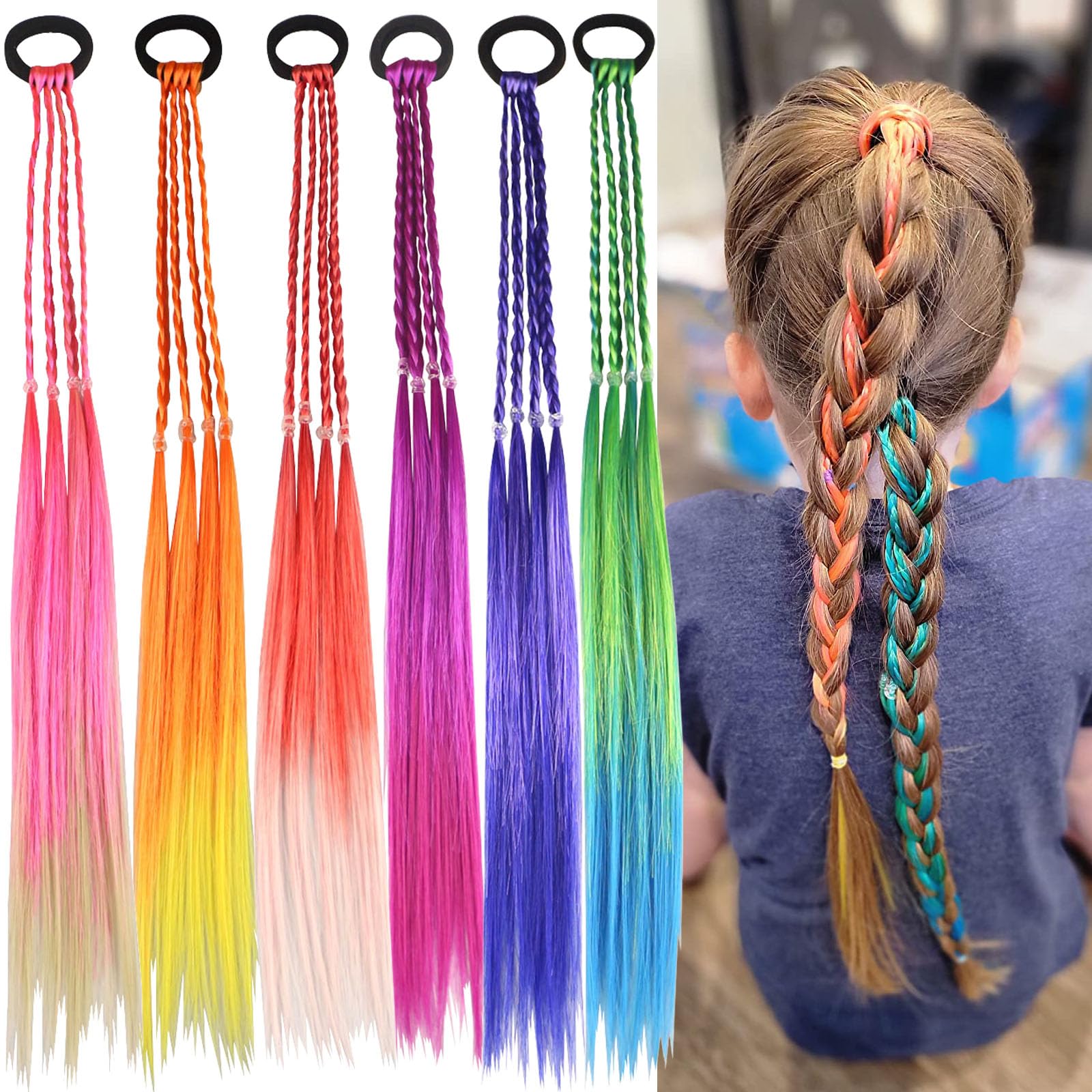 Colorful braid extensions rainbow ponytail, easy to attach for daily wear.