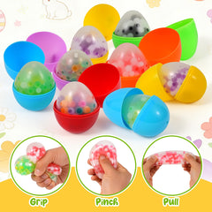 Colorful Easter egg stress balls arranged as Easter basket fillers.
