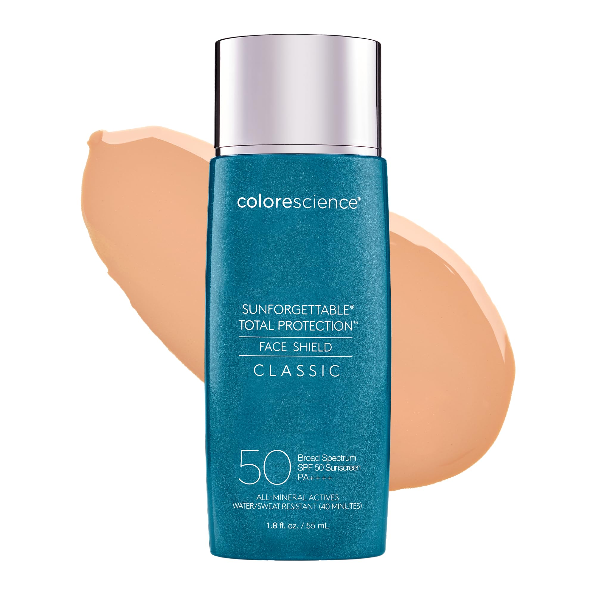 Colorescience Total Protection Face Shield bottle close-up showing mineral SPF 50 protection.