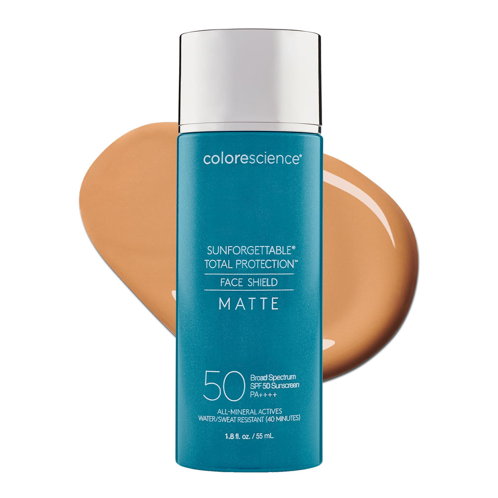 Colorscience Total Protection Face Shield Matte SPF 50 bottle shows oil control.