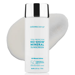 Colorescience Total Protection No-Show sunscreen bottle close-up showing sheer mineral protection for all skin tones.