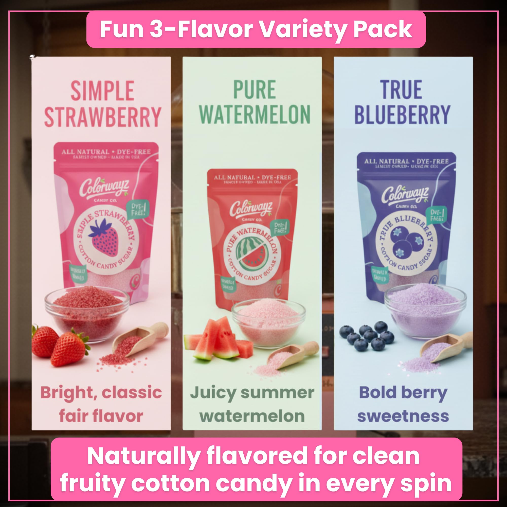 Colorwayz Dye-Free Sugar spinning with a cotton candy machine for quick prep