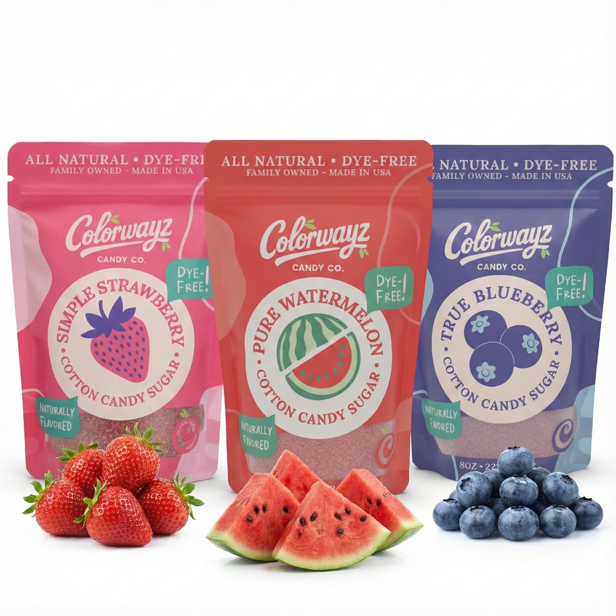 Colorwayz Dye-Free Sugar Strawberry pack shows vibrant, dye-free flavor for cotton candy