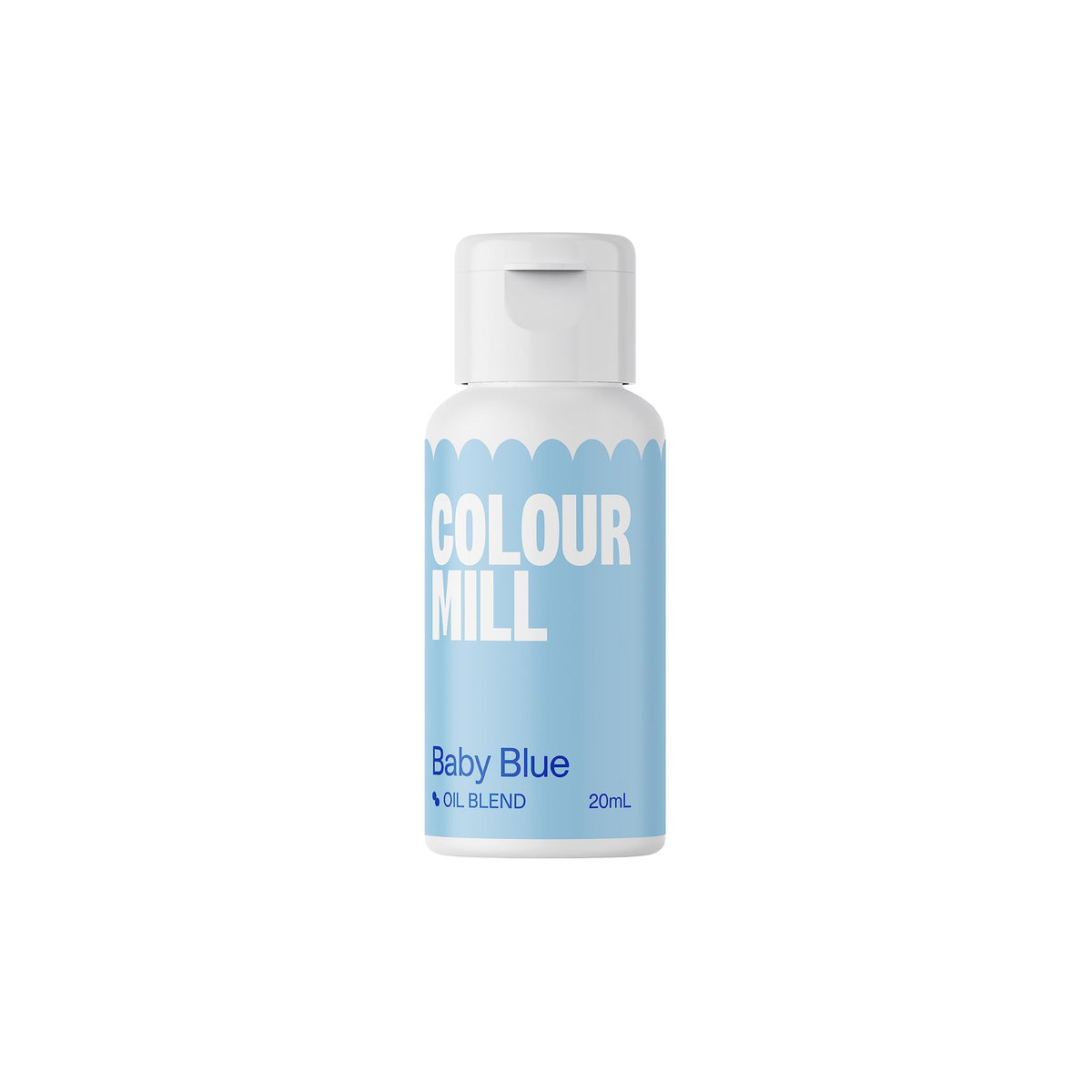 Colour Mill Baby Blue oil-based color bottle for vibrant cake coloring and even tones.