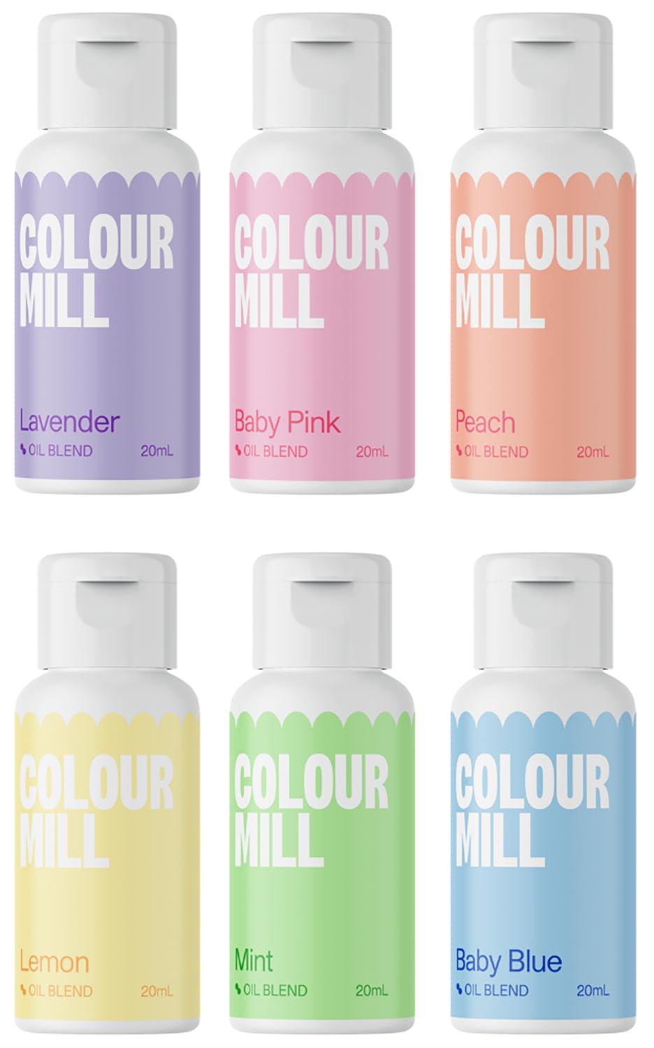 Colour Mill pastel oil-blend set bottles for chocolate and buttercream.
