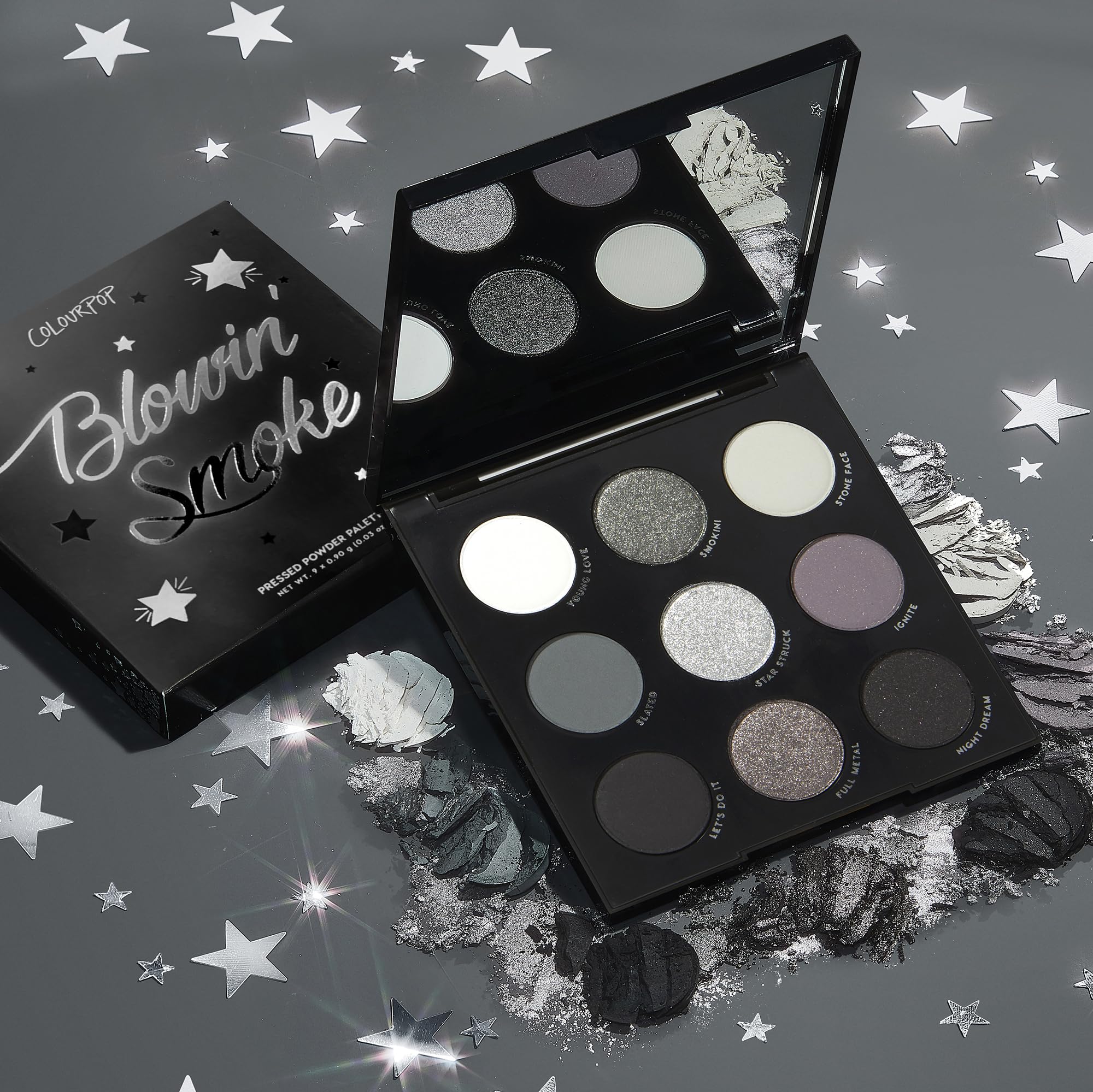 Box and packaging of ColourPop Blowin' Smoke palette.