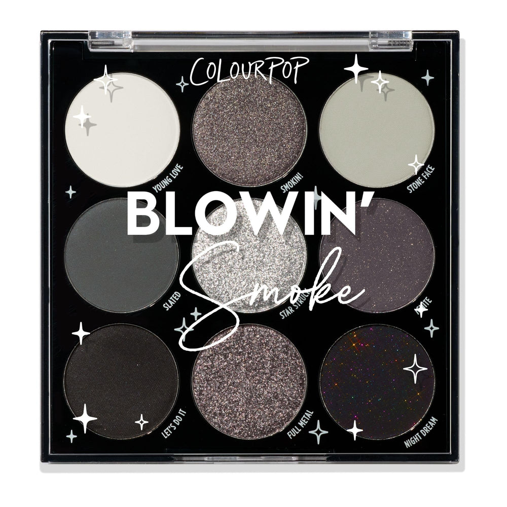 ColourPop Blowin' Smoke palette front view with grayscale tones for smoky looks.