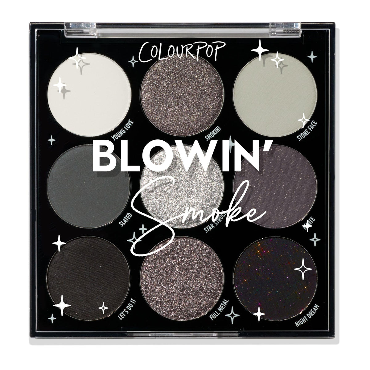 ColourPop Blowin' Smoke palette front view with grayscale tones for smoky looks.