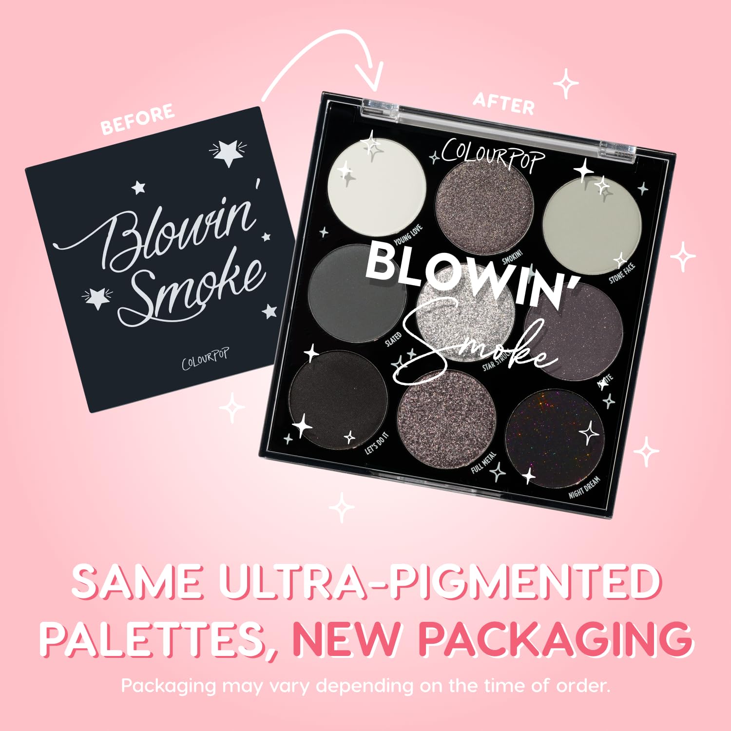 Swatches of ColourPop Blowin' Smoke showing metallic and matte finishes.