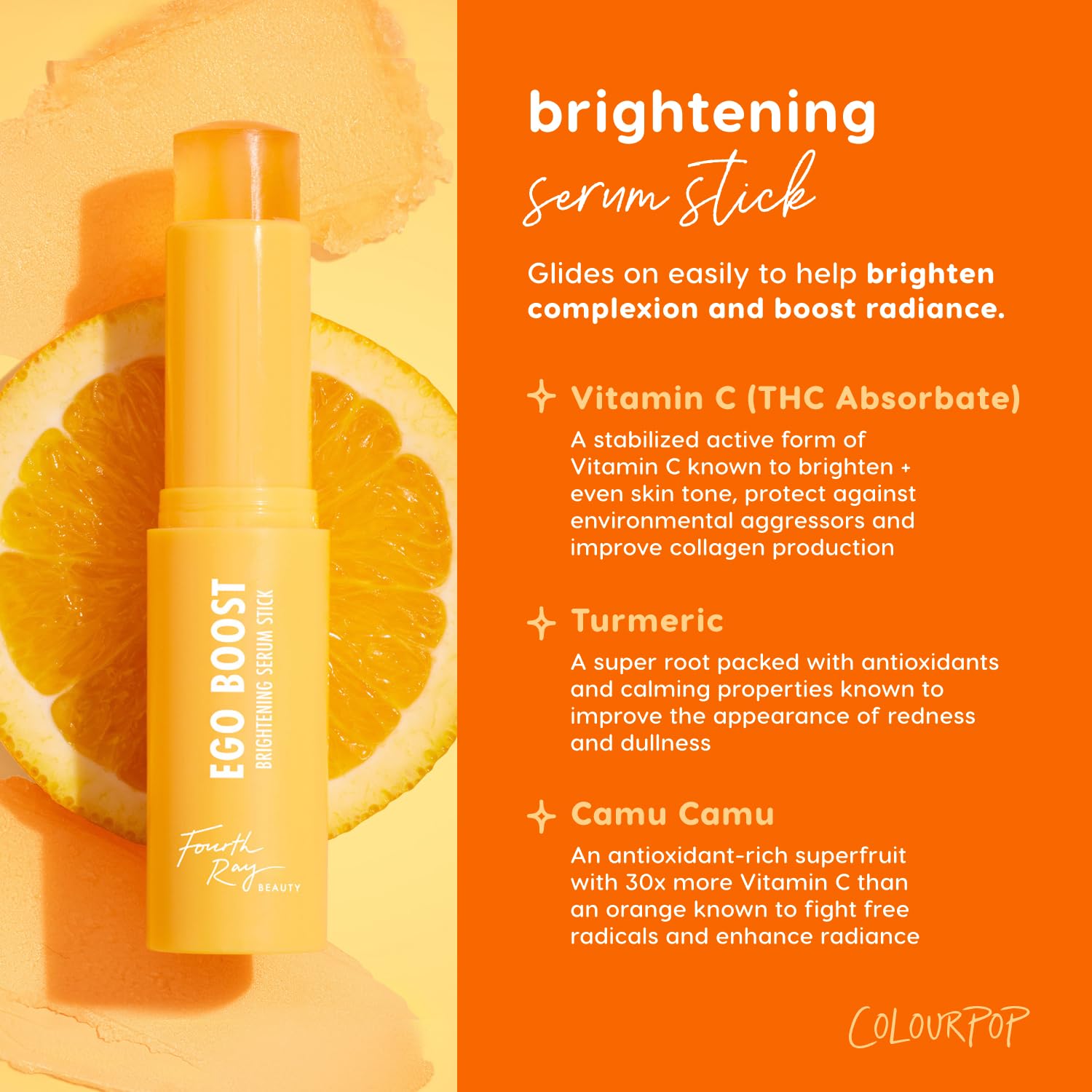 ColourPop Brightening Serum Stick cheek swatch demonstrates brightening and hydrating payoff.