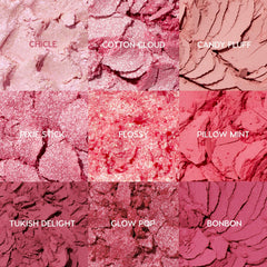 ColourPop Cloud Spun shades close-up showing matte, metallic, and sparkle finishes for versatile styling.