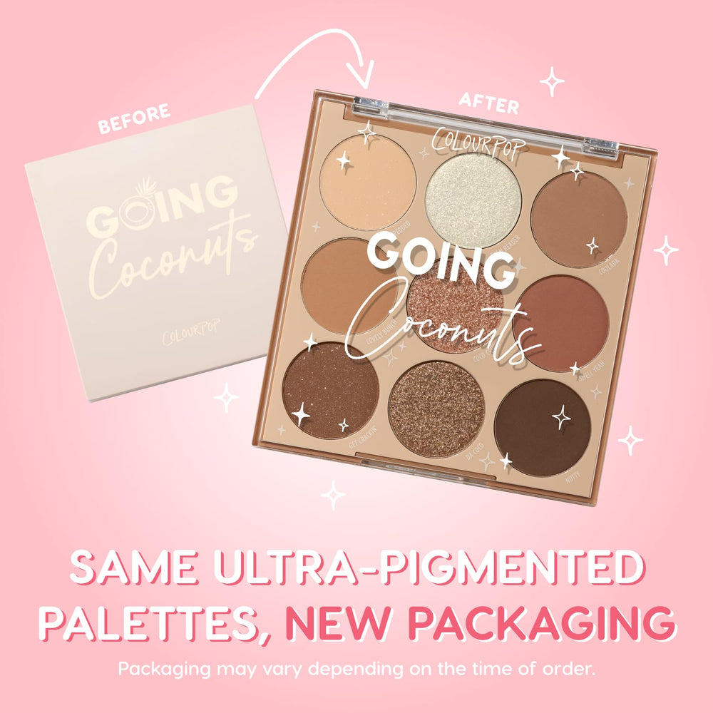 ColourPop Going Coconuts palette open showing nine cool-toned neutrals.
