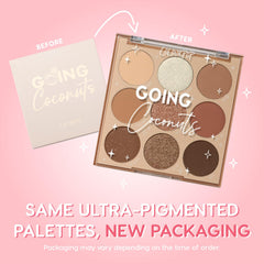 ColourPop Going Coconuts palette open showing nine cool-toned neutrals.