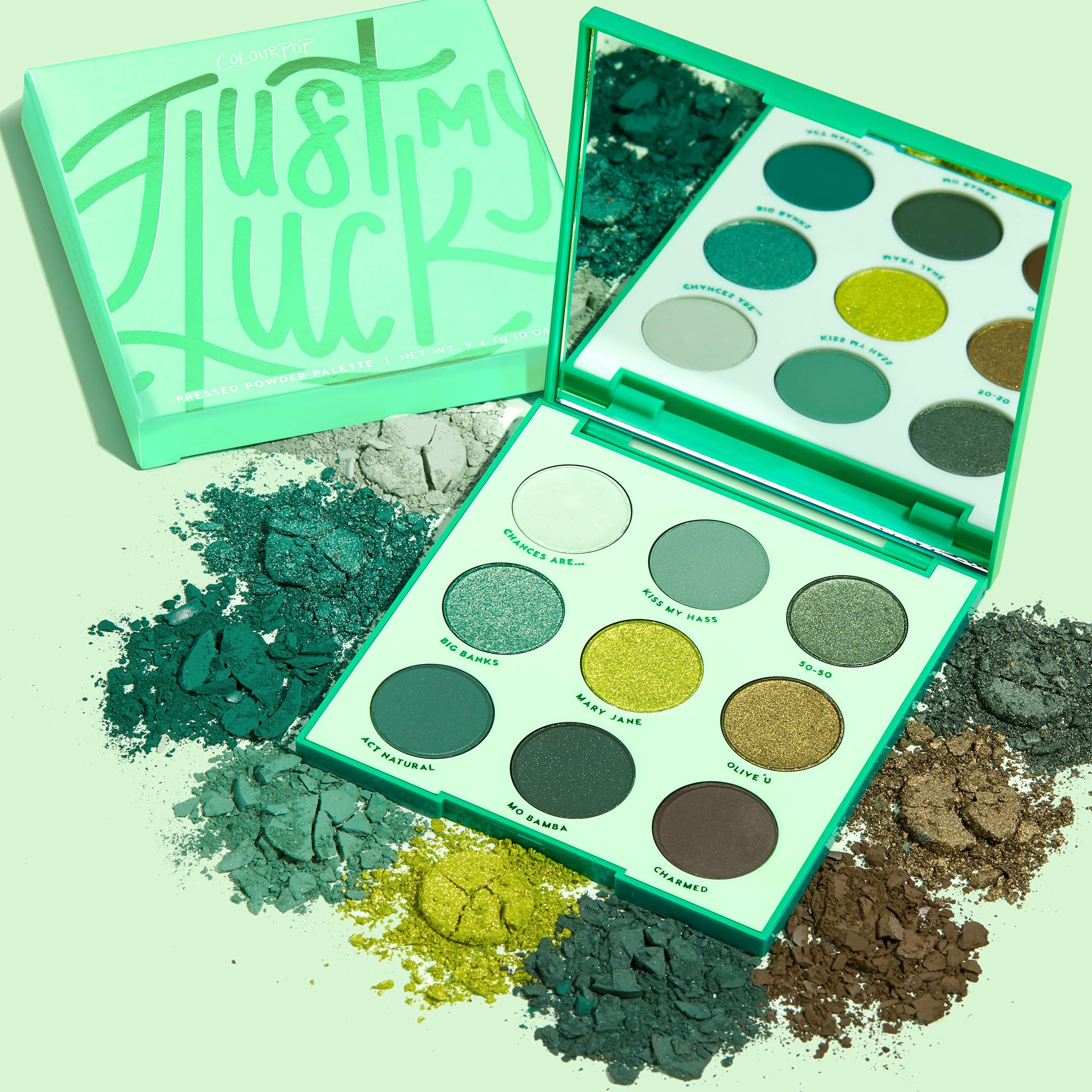 ColourPop Just My Luck matte greens close-up — smooth blend, soft finish.