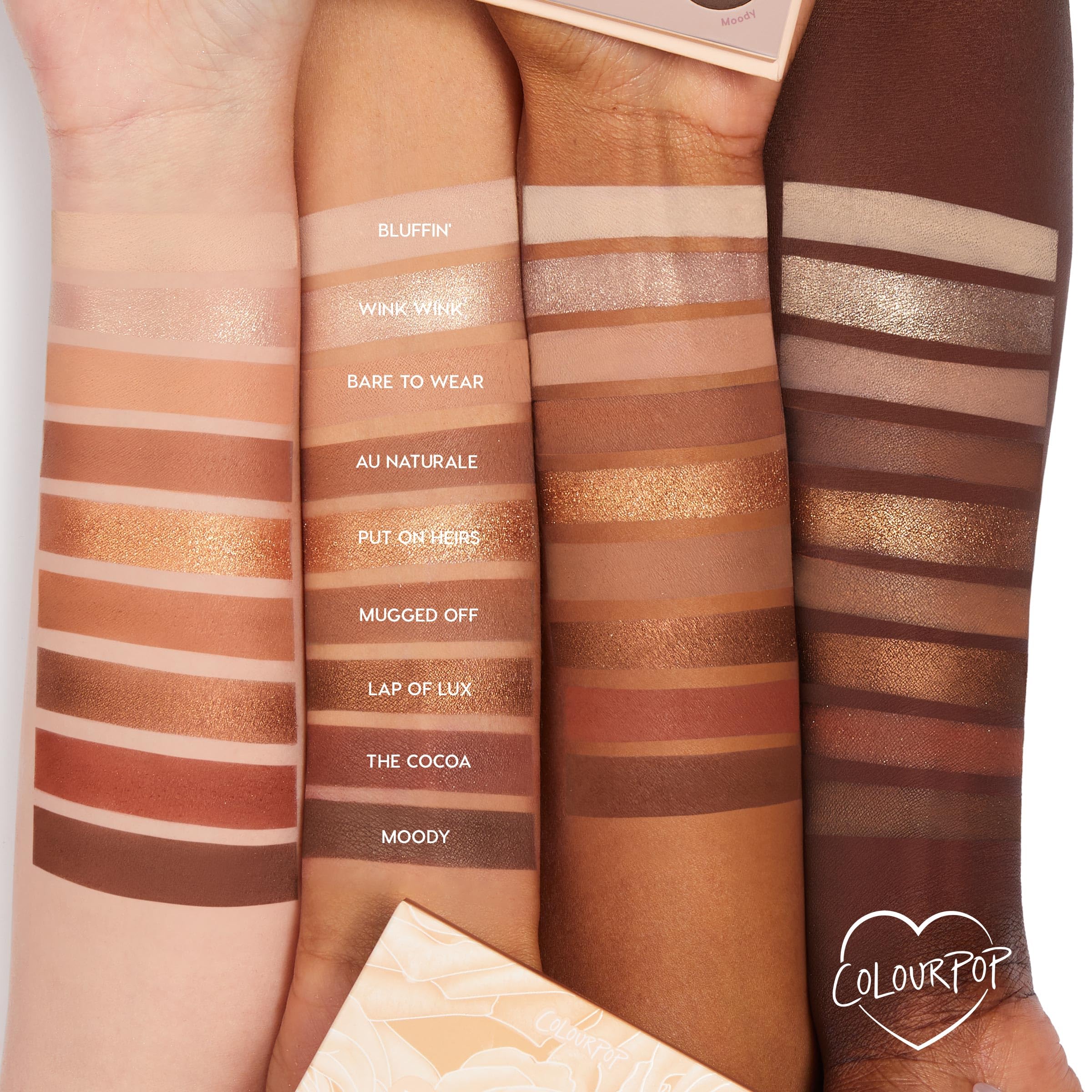 ColourPop Nude Mood palette at eye level demonstrates smooth blends and long-wear potential.