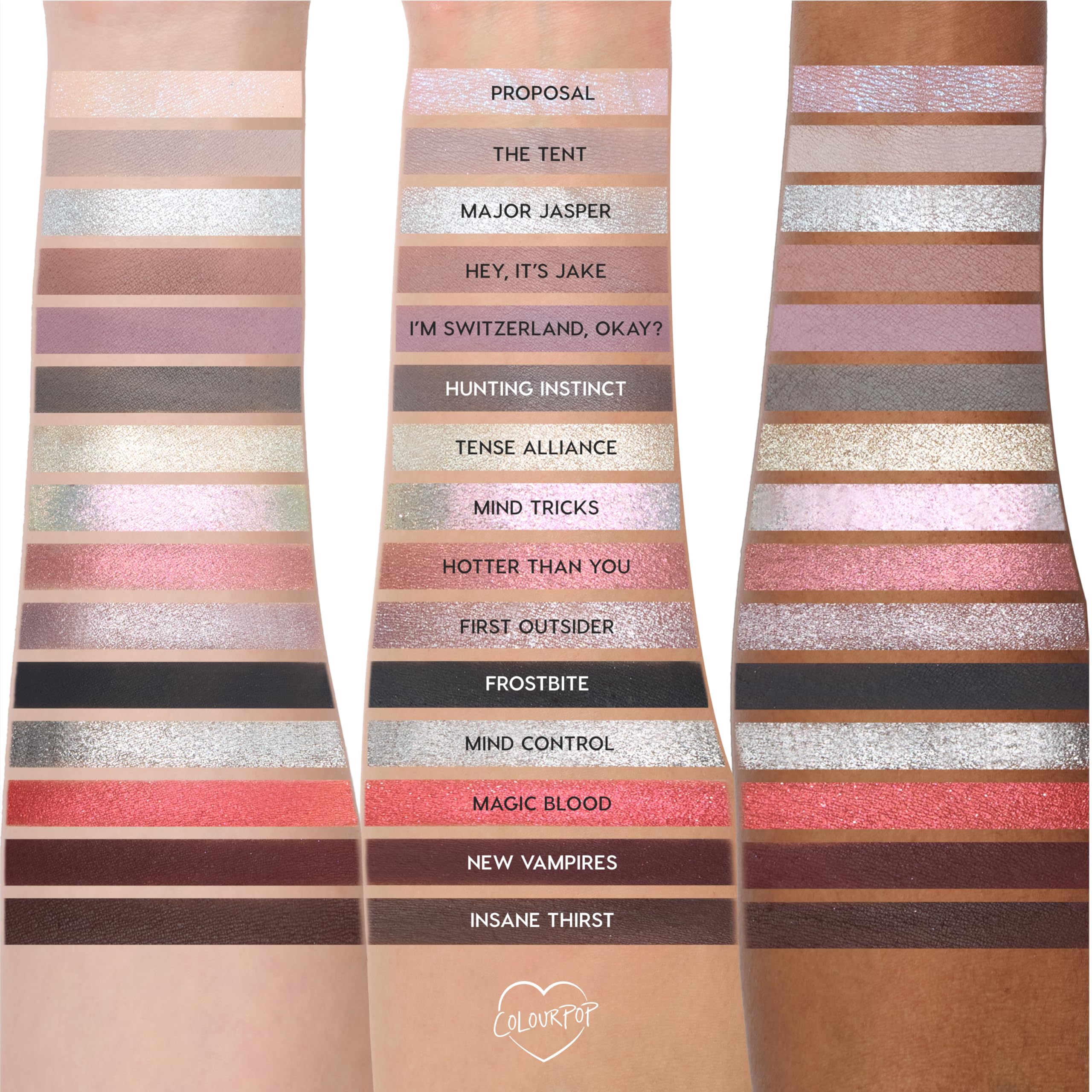 ColourPop Twilight Eclipse swatches on hand show pigment payoff for quick experiments.