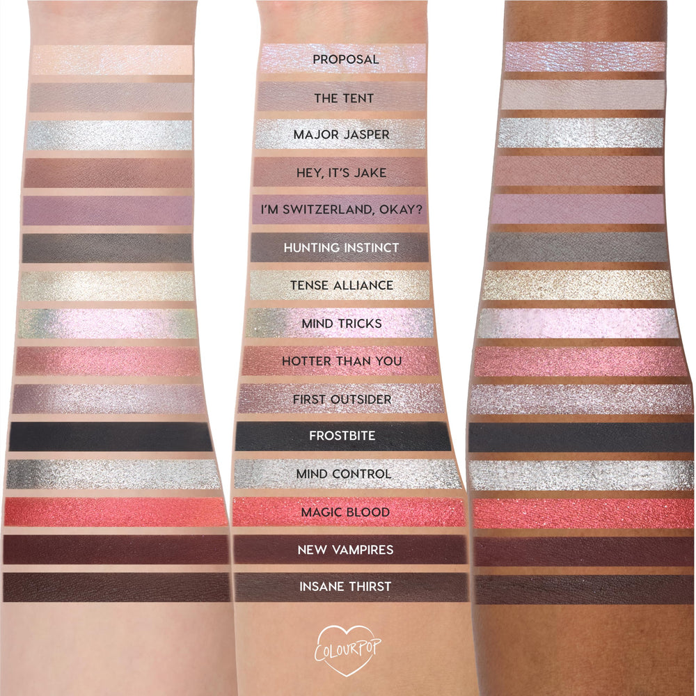 ColourPop Twilight Eclipse swatches on hand show pigment payoff for quick experiments.