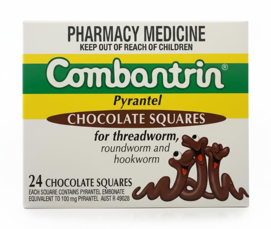 Combantrin Chocolate Squares 24-pack packaging, ideal for home use and convenient stocking