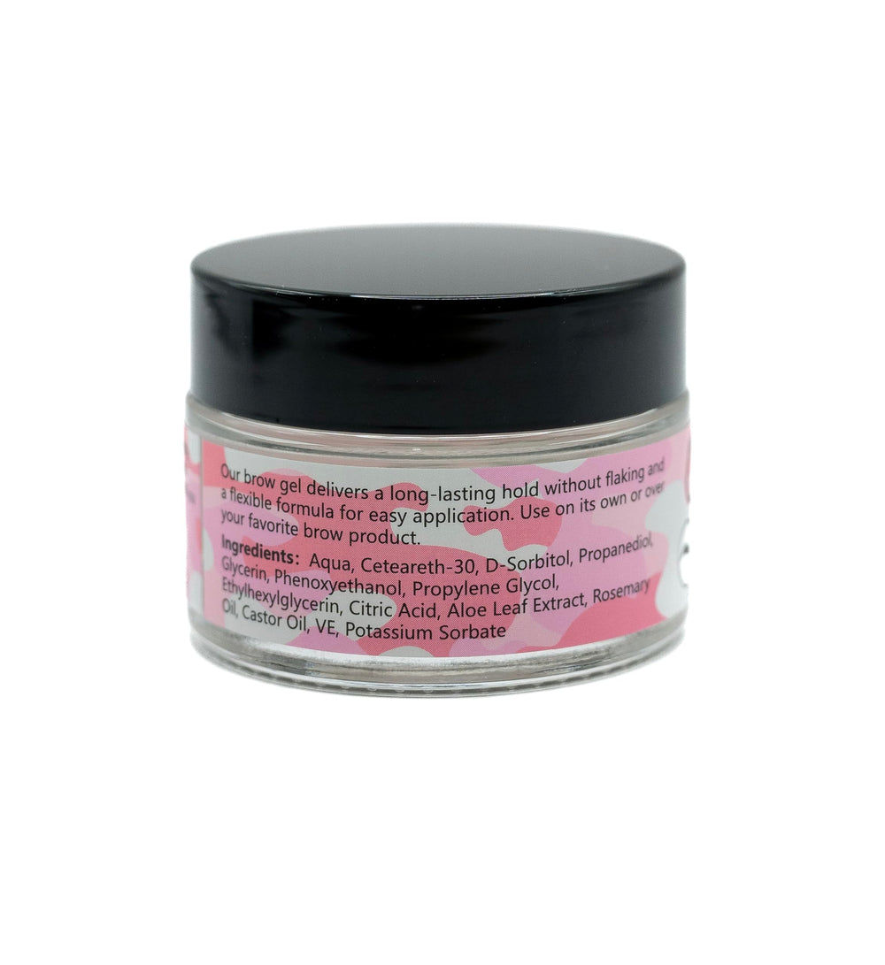 Combat Gel brow finish closeup emphasizes natural-looking hold throughout the day.