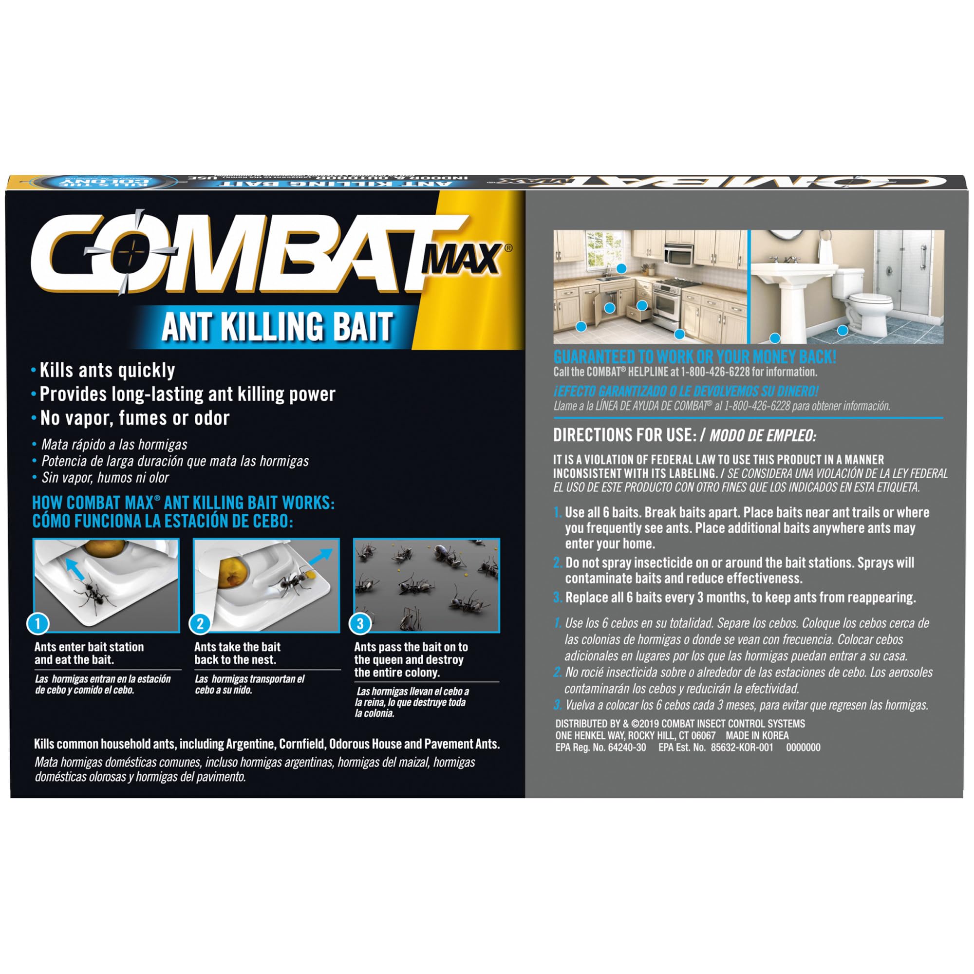 Combat Max bait closeup shows quick-acting formula for rapid ant suppression.