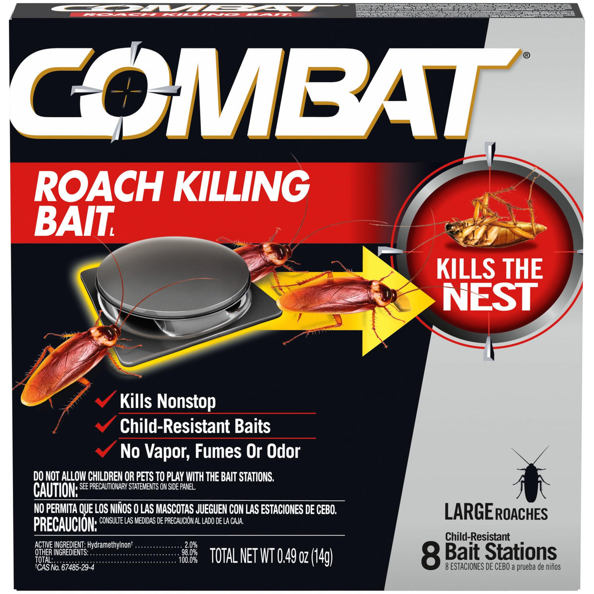 Combat roach bait station eight-count package demonstrates easy setup for targeting large roaches
