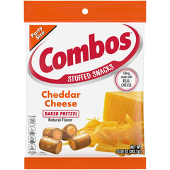 Combos Cheddar Cheese Baked Pretzel Snacks close-up shows a crunchy cheddar-filled bite.