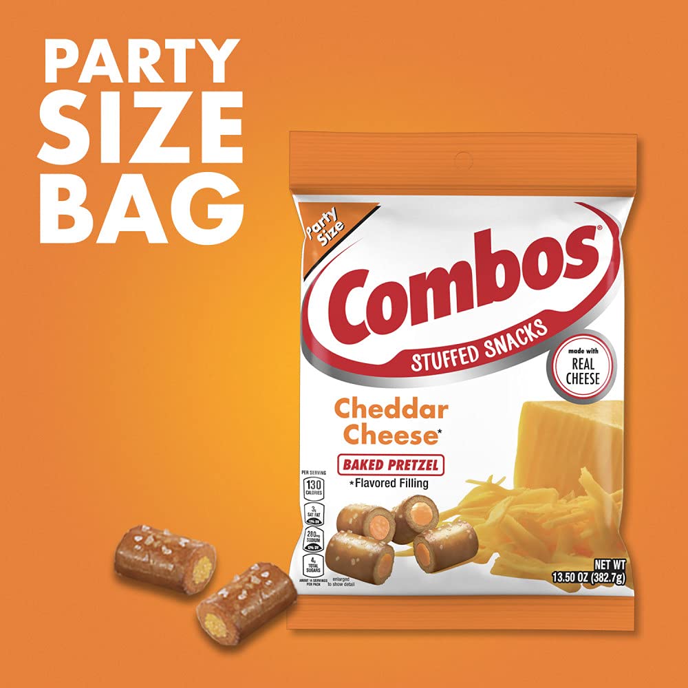 Combos Cheddar Cheese Baked Pretzel Snacks product shot highlighting cheddar-filled crunch.