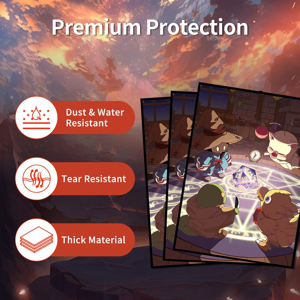 Comdek00 MTG sleeves, Fantasy Family, side view highlighting smooth shuffle feel and anti-glare finish.
