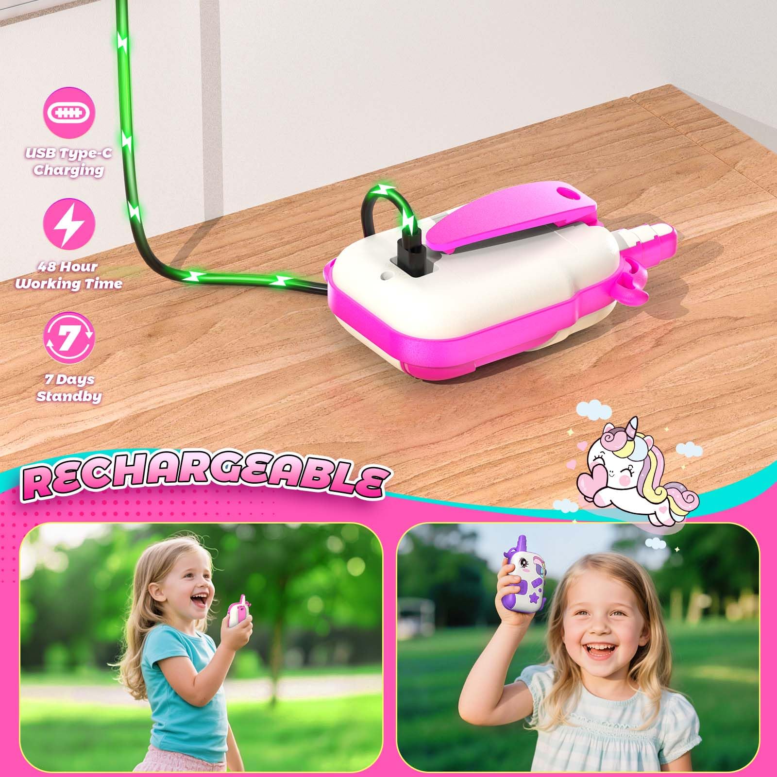 Comedyfun unicorn design walkie talkie closeup with bright colors