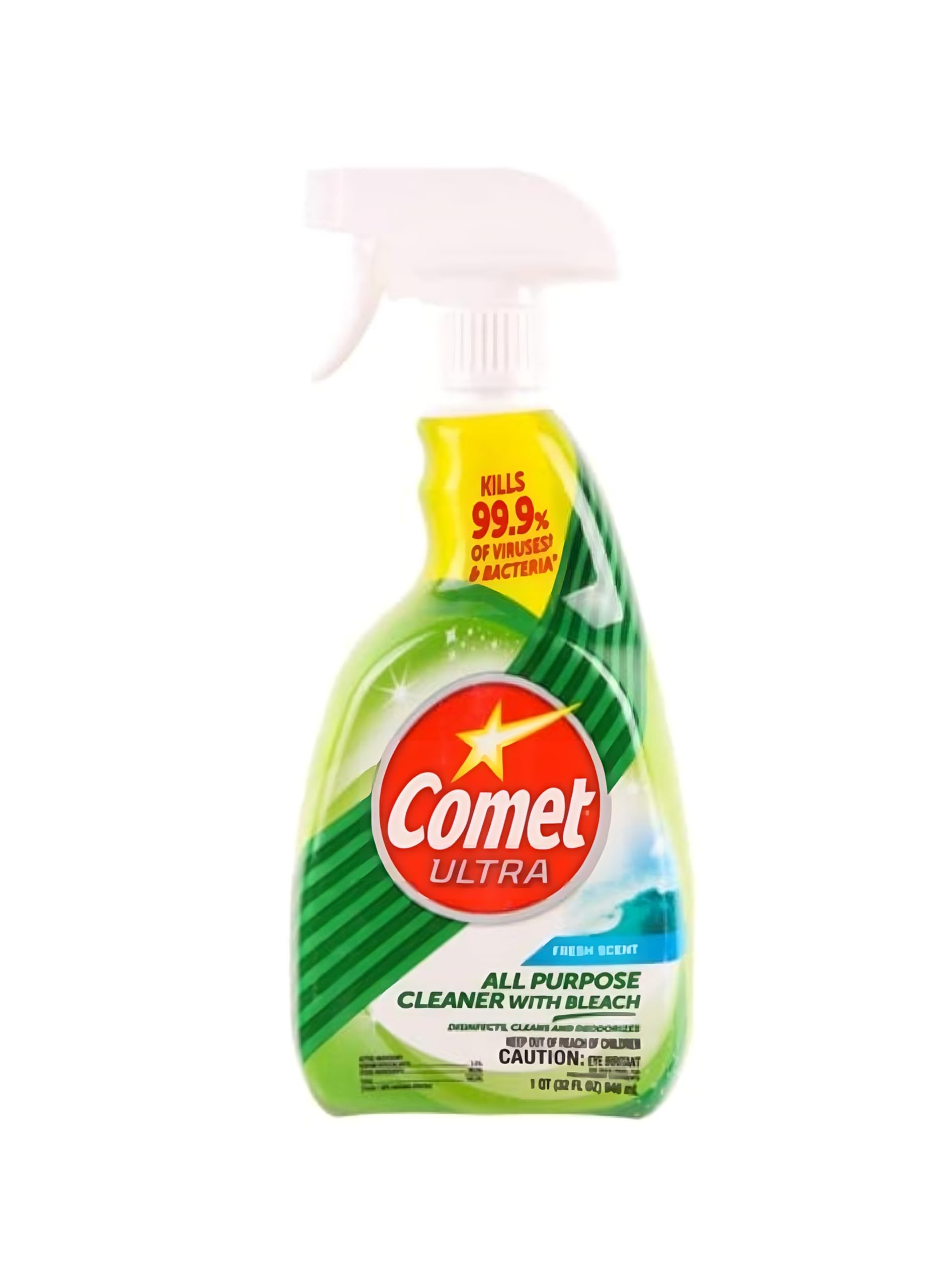 Comet All Purpose Cleaner with Bleach Fresh bottle for disinfecting and deodorizing hard, nonporous surfaces.