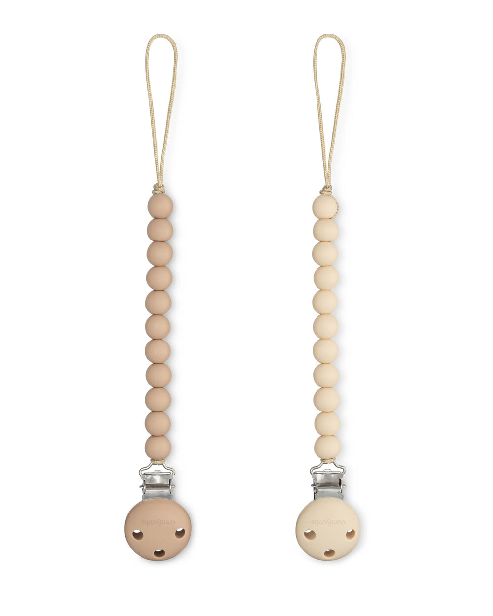 Comfy Cubs pacifier clip beige front view, BPA-free silicone