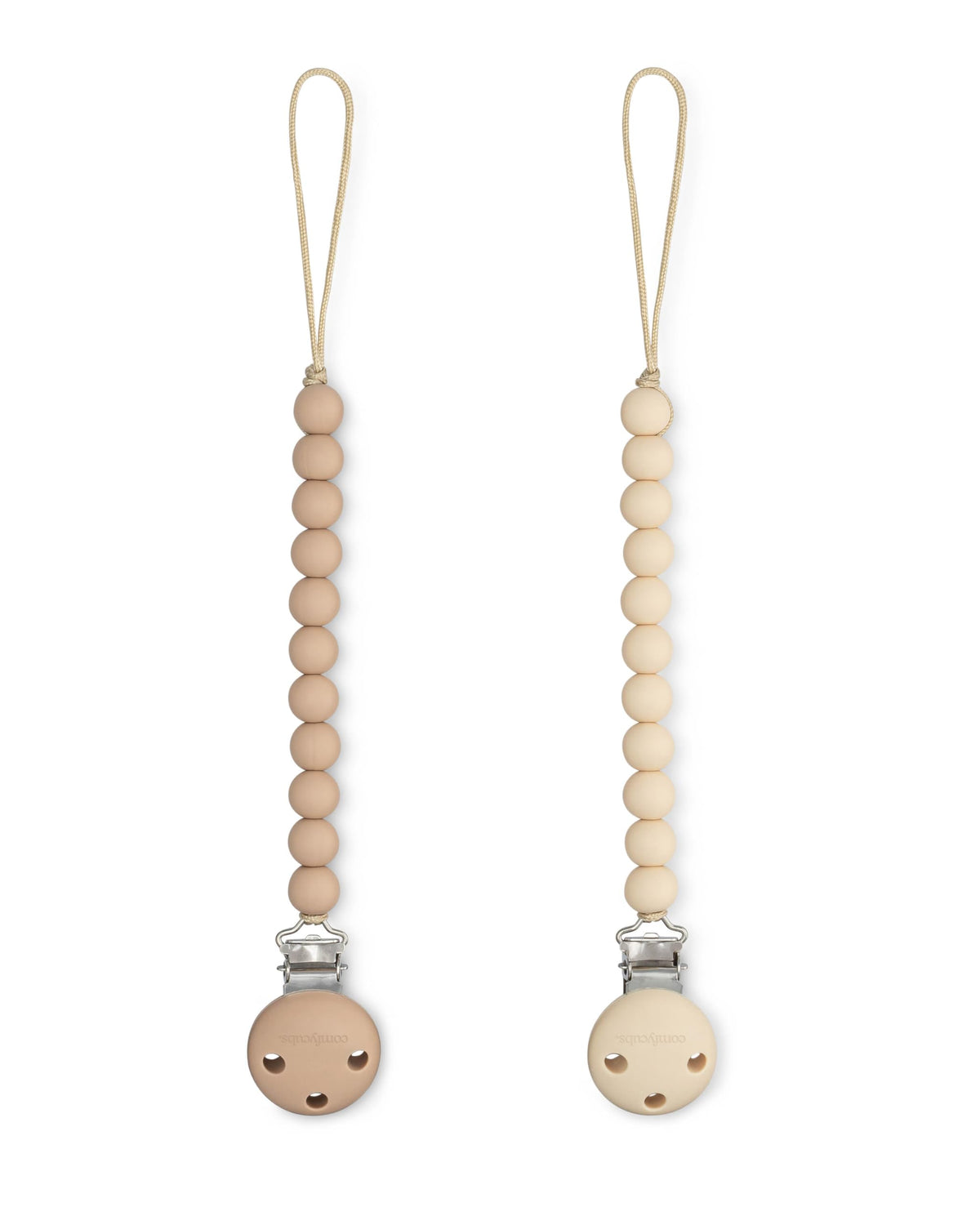 Comfy Cubs pacifier clip beige front view, BPA-free silicone