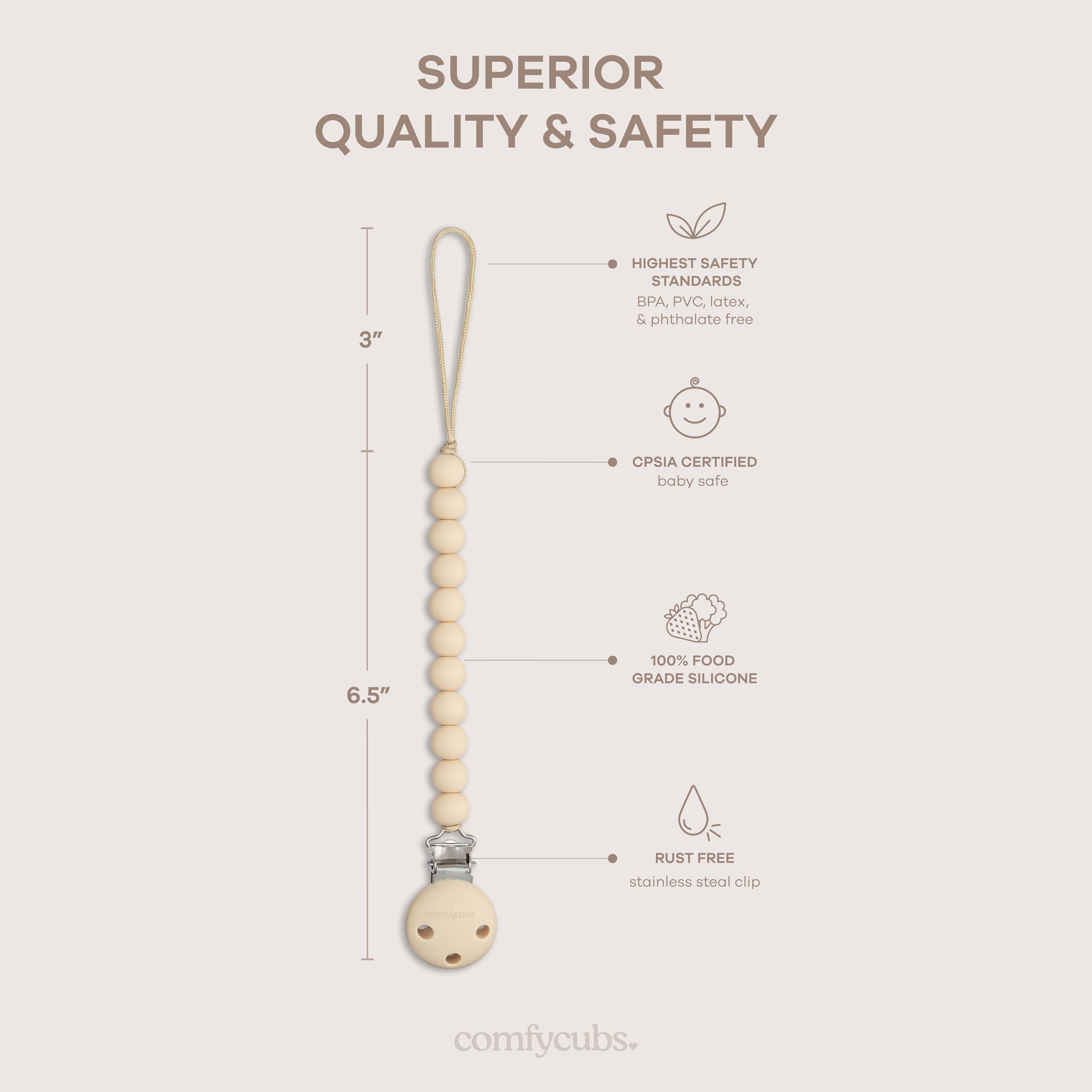 Comfy Cubs pacifier clip attached to baby clothing for quick access