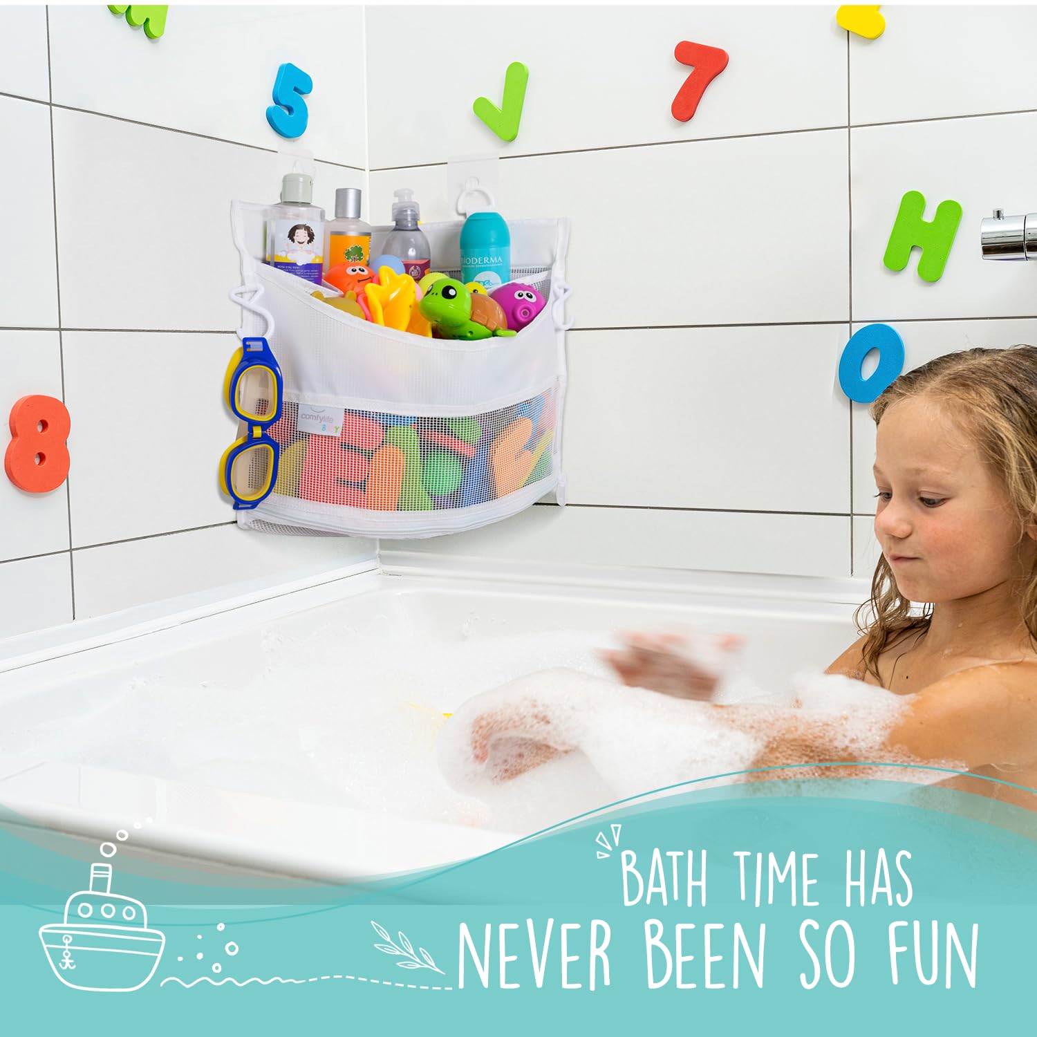 Comfylife bath toy organizer mesh net displaying multiple pockets for toys and toiletries.
