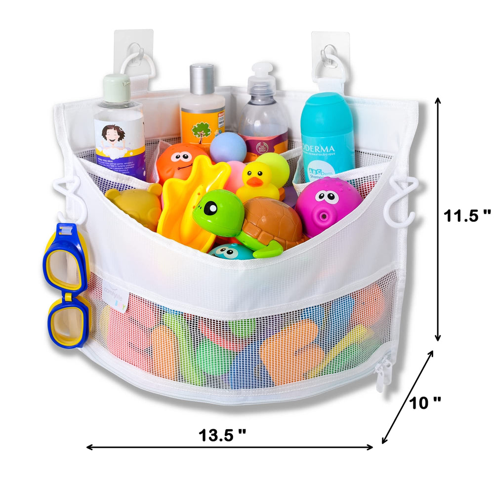 Comfylife bathroom storage hooks securing the mesh organizer to a wall surface.
