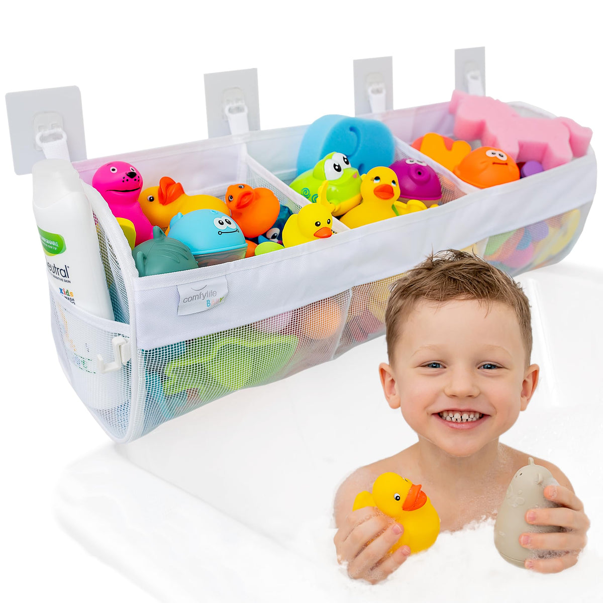 Comfylife large bath toy organizer with three compartments keeps toys organized