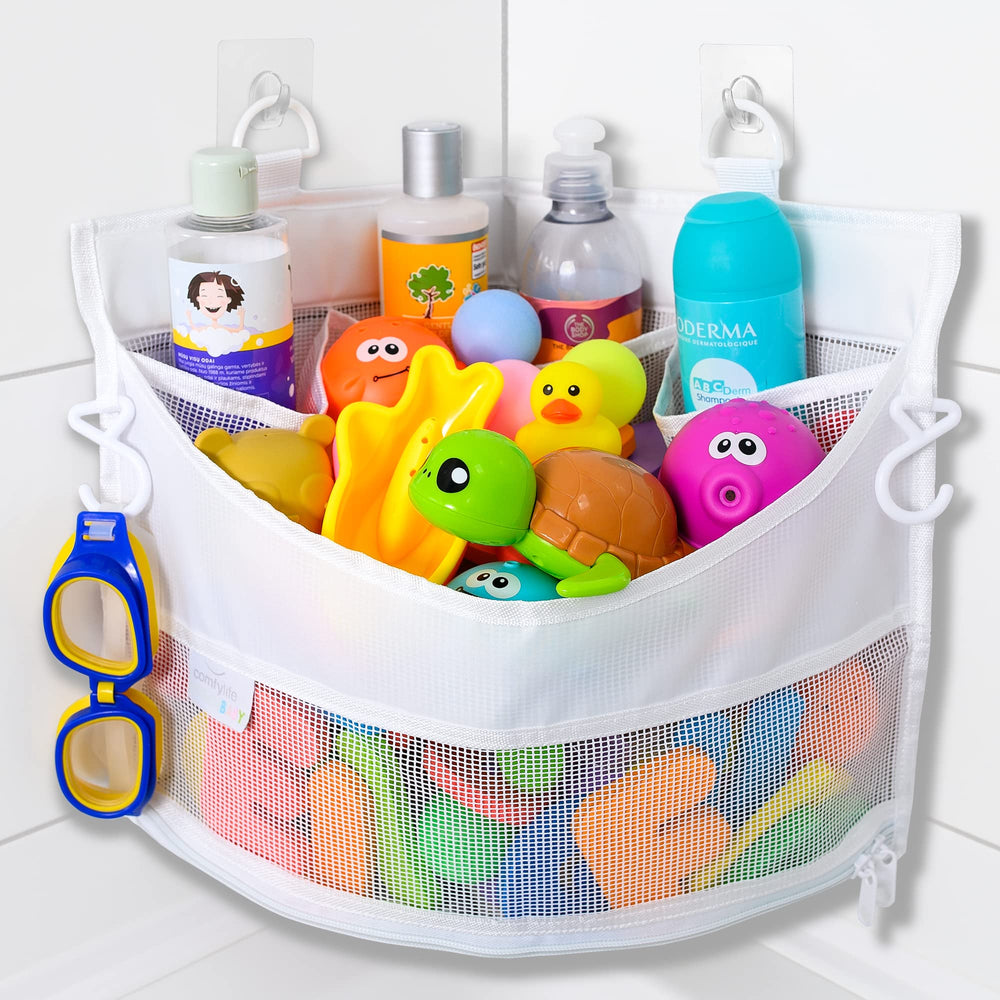 Comfylife mesh bath toy holder shown mounted in a corner with toys drying after bath.