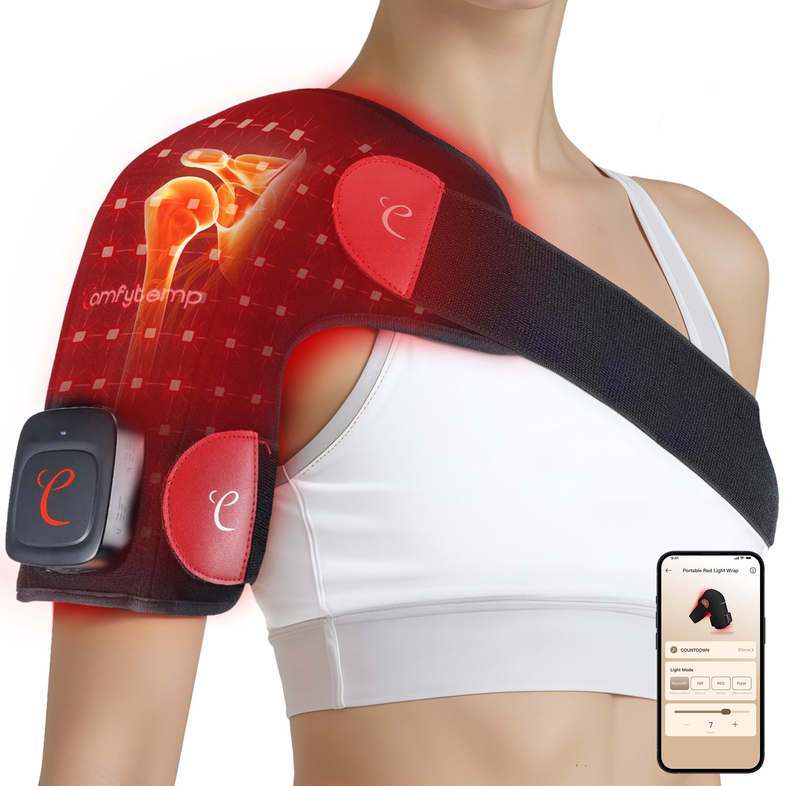 Comfytemp shoulder wrap front view for targeted red light therapy.