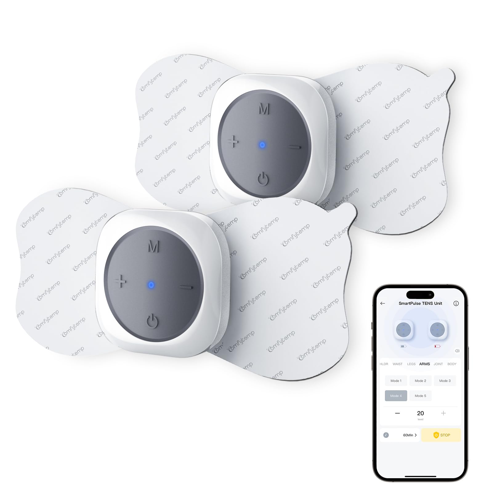 Comfytemp wireless TENS main unit for portable pain relief on the go.