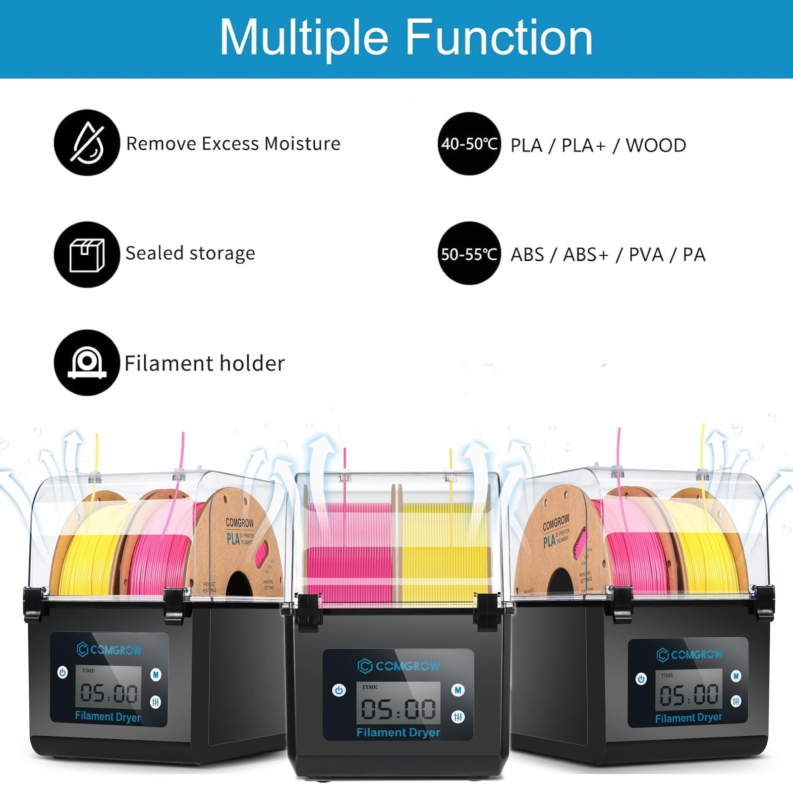 Comgrow filament dryer box LCD display close-up for easy operation