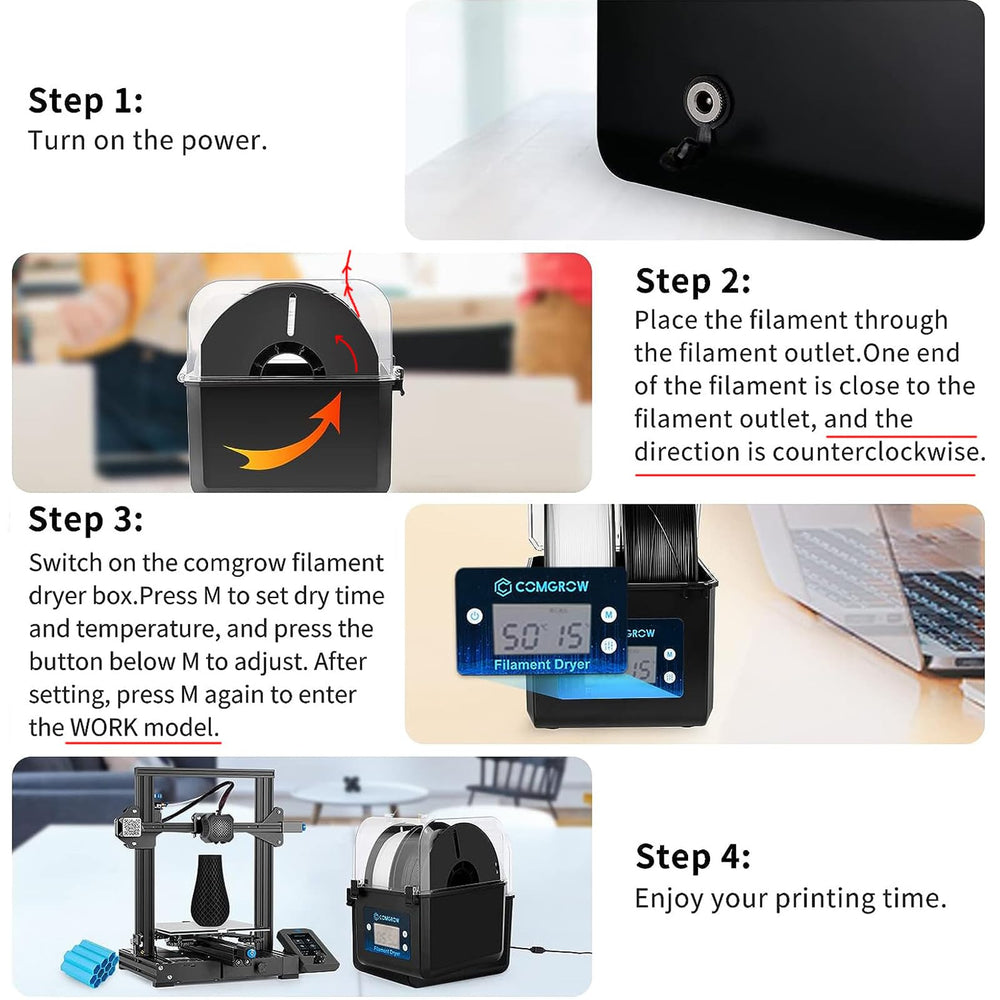 Comgrow filament dryer box spool storage demonstrates organized, tangle-free spools in use