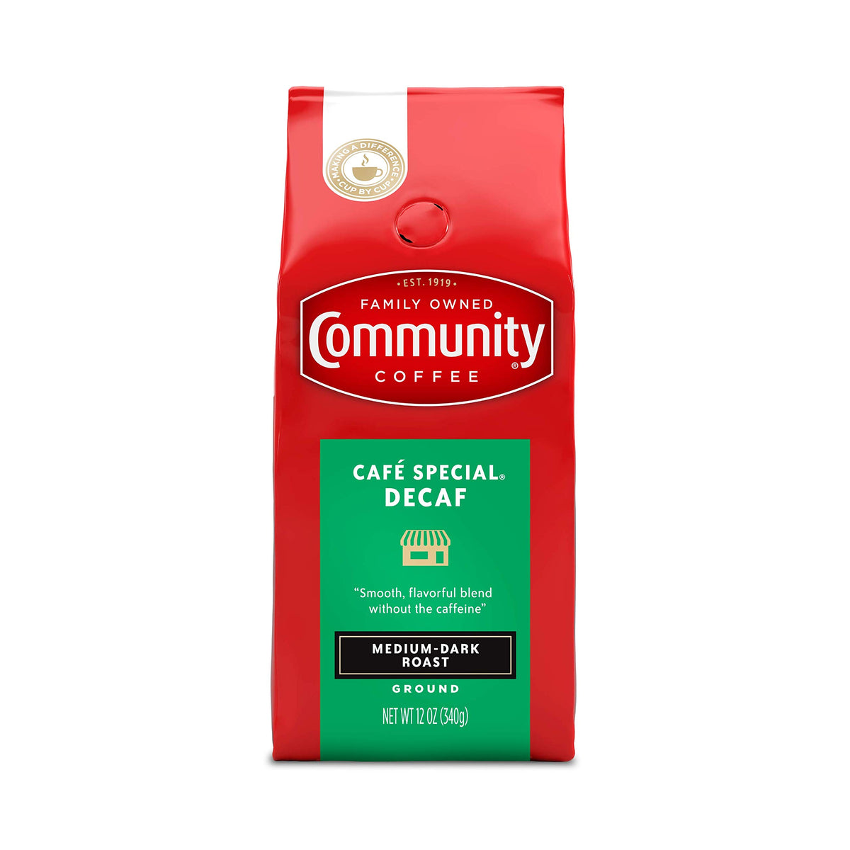 Community Coffee Cafe Special Decaf ground coffee bag delivers rich aroma for smooth mornings.