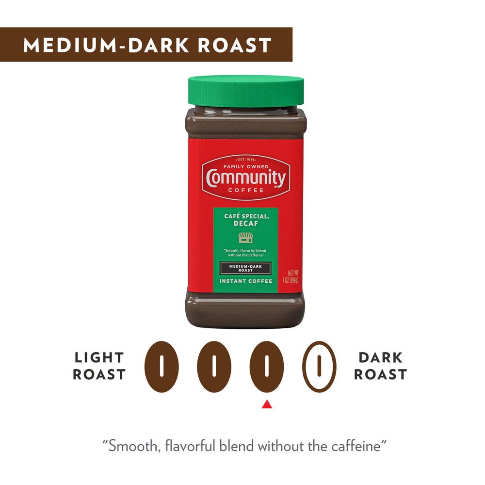 Community Coffee Cafe Special Decaf packaging on shelf signals convenient home brewing.