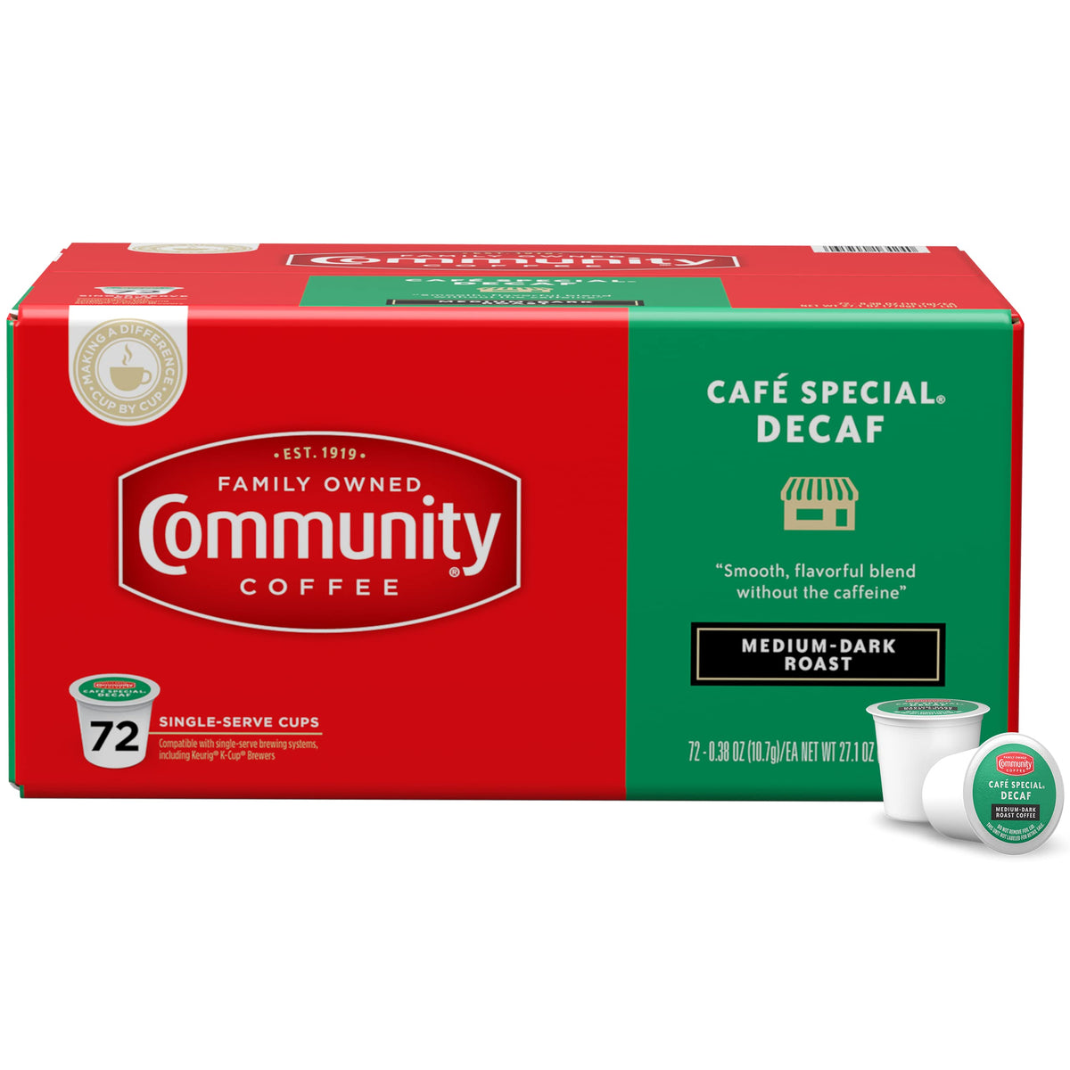 Community Coffee Café Special Decaf pods in a box for easy, consistent morning brews.