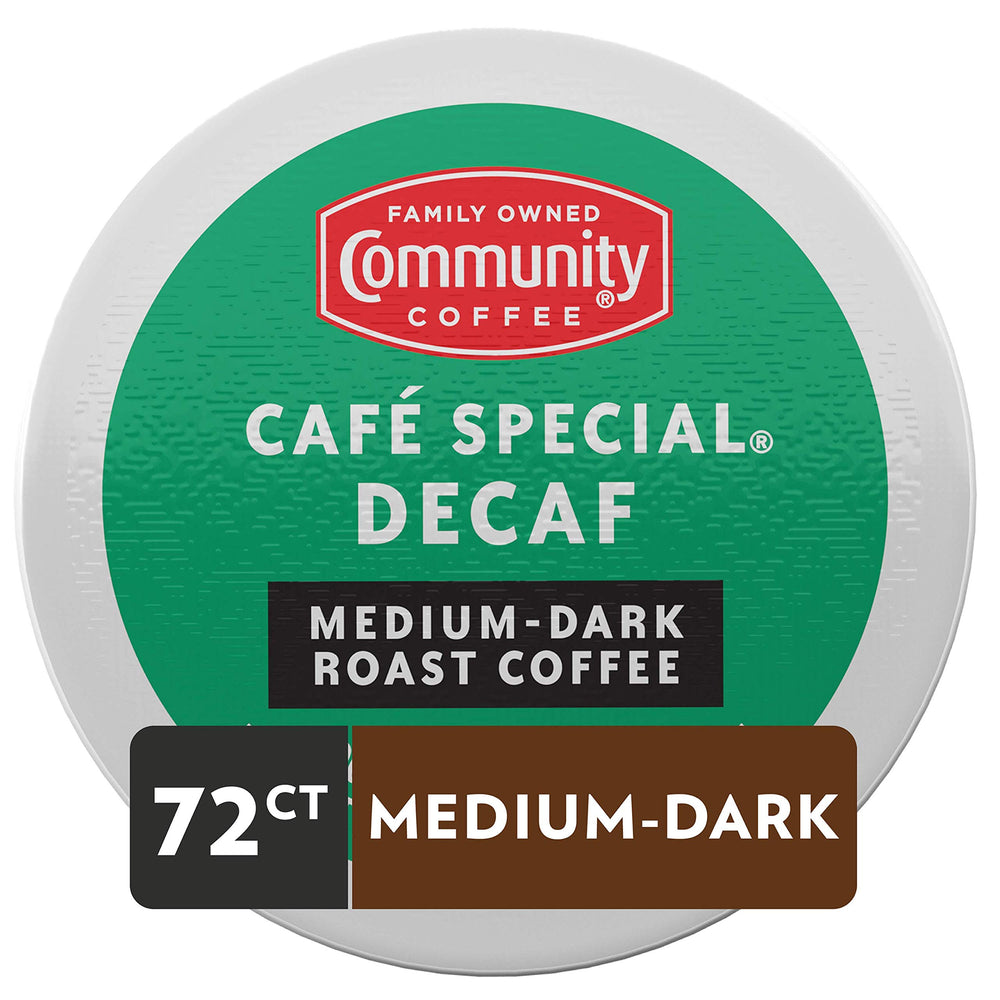 Community Coffee Café Special Decaf cup beside a pastry for a smooth, dessert-friendly pairing.