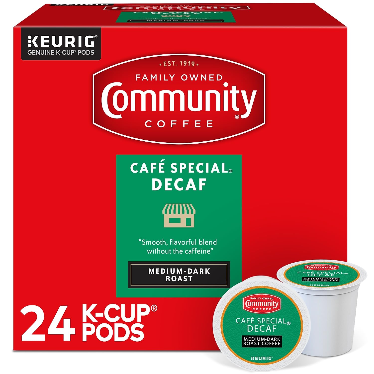 Community Coffee Cafe Special Decaf pods for Keurig, smooth decaf flavor.