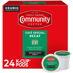 Community Coffee Cafe Special Decaf pods for Keurig, smooth decaf flavor.