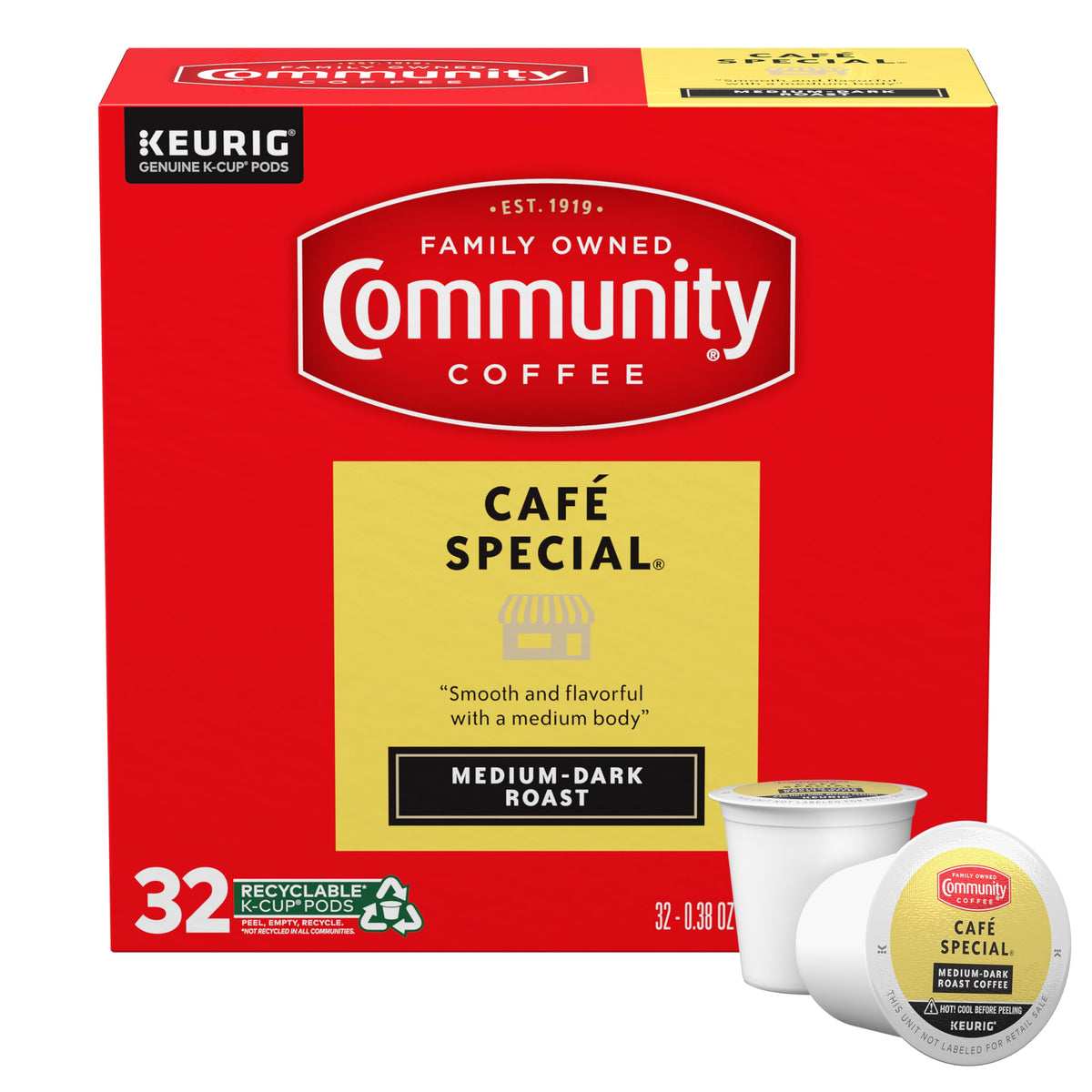 Community Coffee Cafe Special K-Cup box with 32 pods for cafe-style coffee at home.
