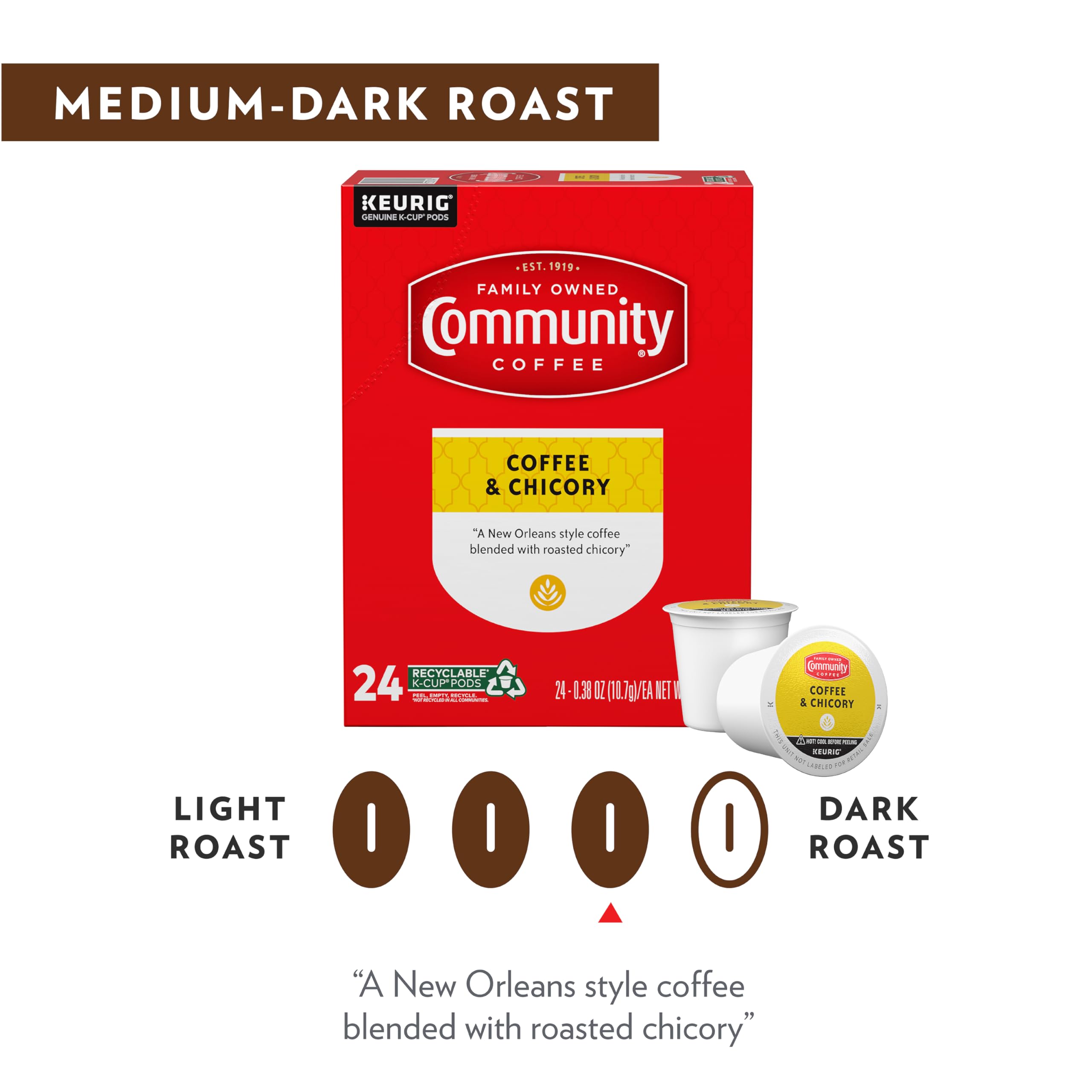 Community Coffee Chicory setup with mug, ideal for a homemade cafe au lait.